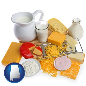 dairy products, including milk, cream, and various cheeses - with Alabama icon