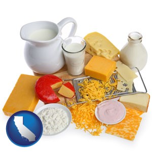dairy products, including milk, cream, and various cheeses - with California icon