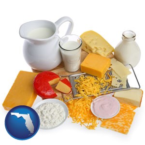 dairy products, including milk, cream, and various cheeses - with Florida icon
