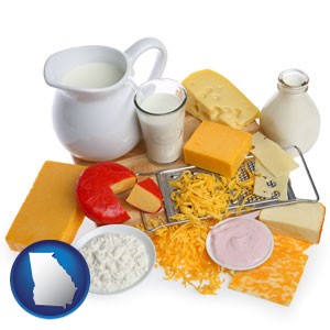 dairy products, including milk, cream, and various cheeses - with Georgia icon