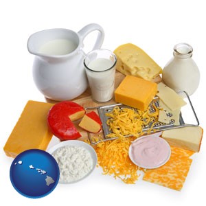 dairy products, including milk, cream, and various cheeses - with Hawaii icon