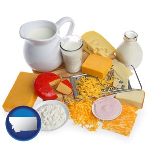 dairy products, including milk, cream, and various cheeses - with Montana icon