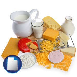 dairy products, including milk, cream, and various cheeses - with Utah icon