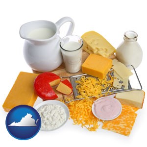 dairy products, including milk, cream, and various cheeses - with Virginia icon
