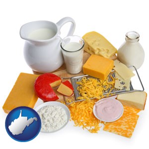 dairy products, including milk, cream, and various cheeses - with West Virginia icon